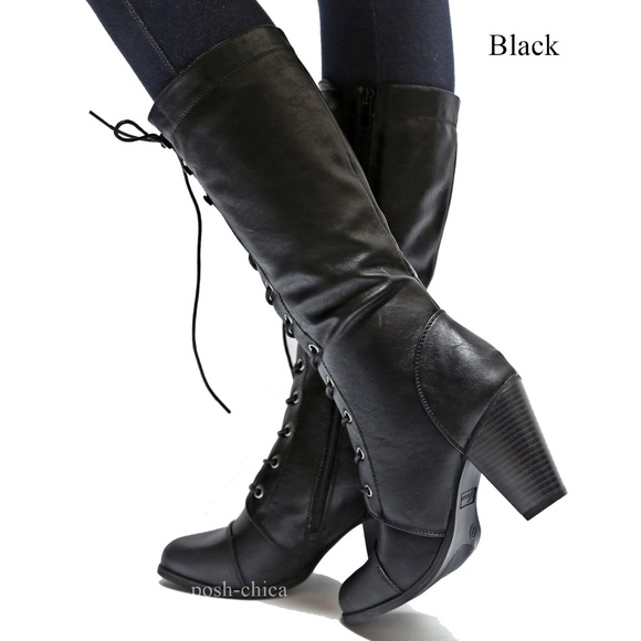 New Black Combat Lace Up Mid-Calf High Heel Boots - Picture 3 of 4